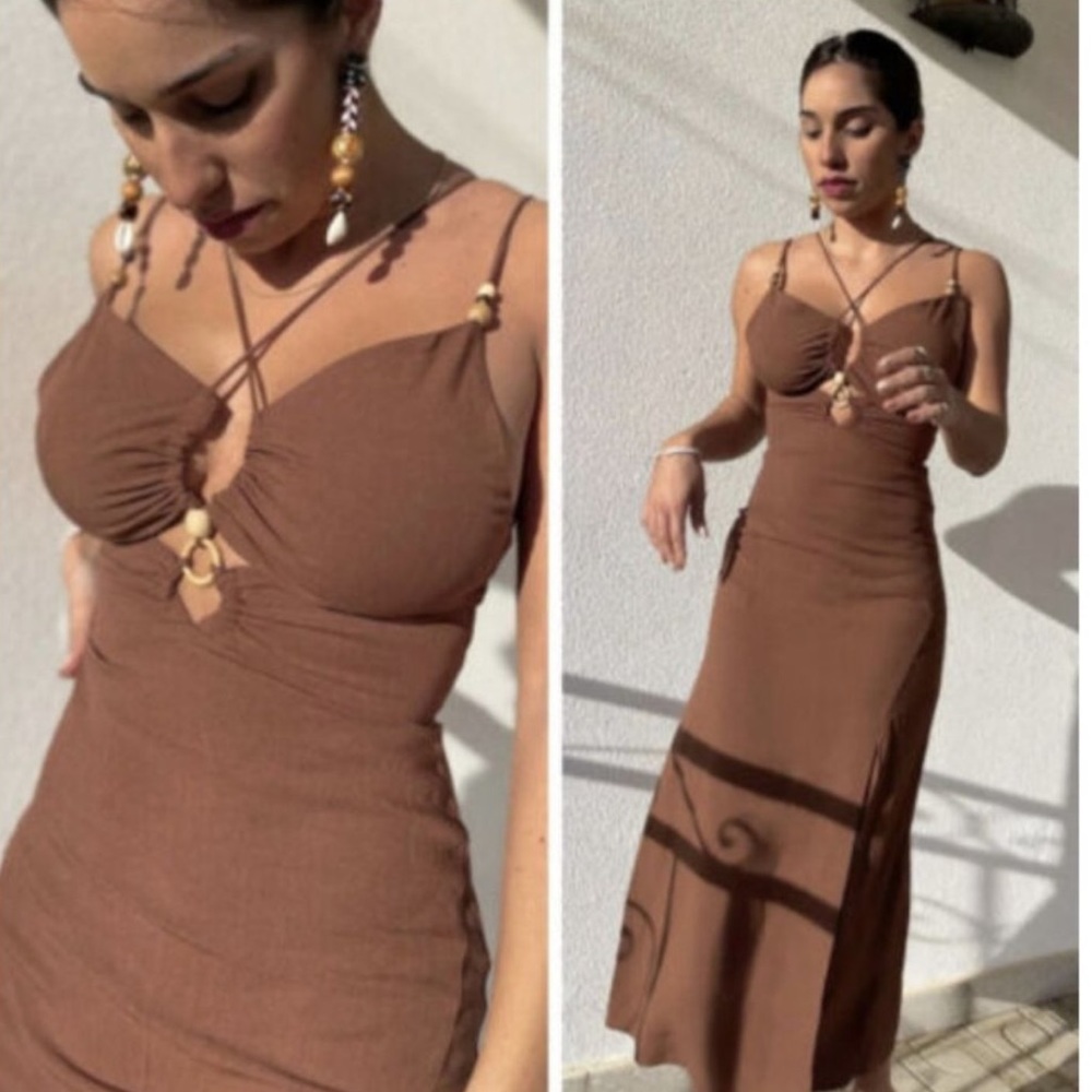 Zara Brown linen cut out dress